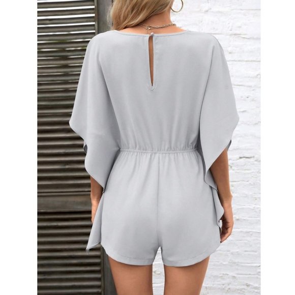 Batwing Sleeve Drawstring Waist Ruffle Trim Romper grey - Picture 6 of 6